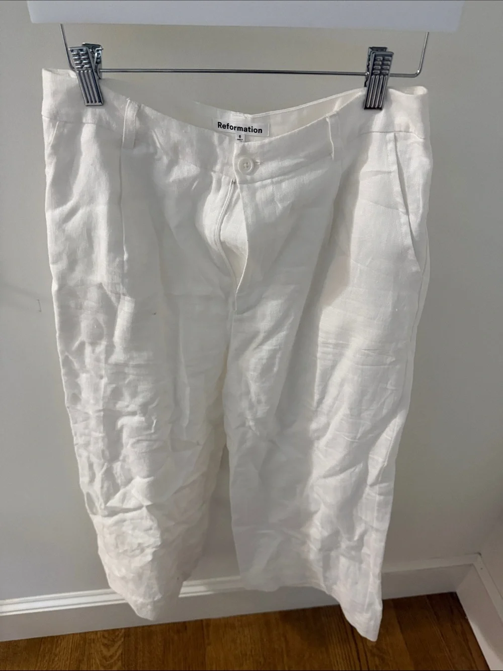 Reformation White Linen-Blend Flat Front Women's Pants